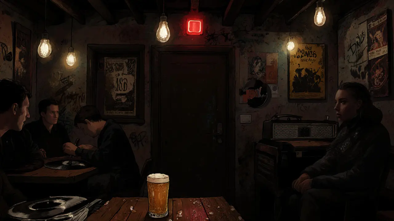 Hidden basement bar with red light entrance, patrons immersed in deep house music under dim bulbs.