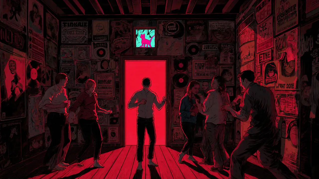 Hidden basement club with vintage records and protest posters, illuminated by red light as people dance to fusion music.
