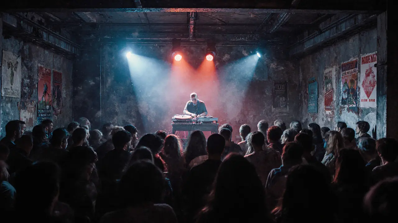 Industrial warehouse club with exposed beams, silent crowd, and ambient lighting at dawn.