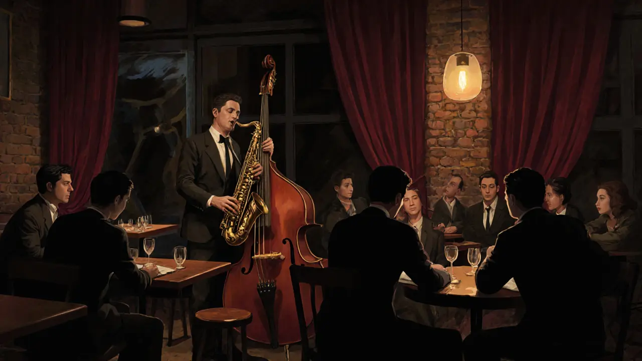 Intimate jazz club interior with a saxophonist performing to a quiet, attentive audience in tailored clothing.