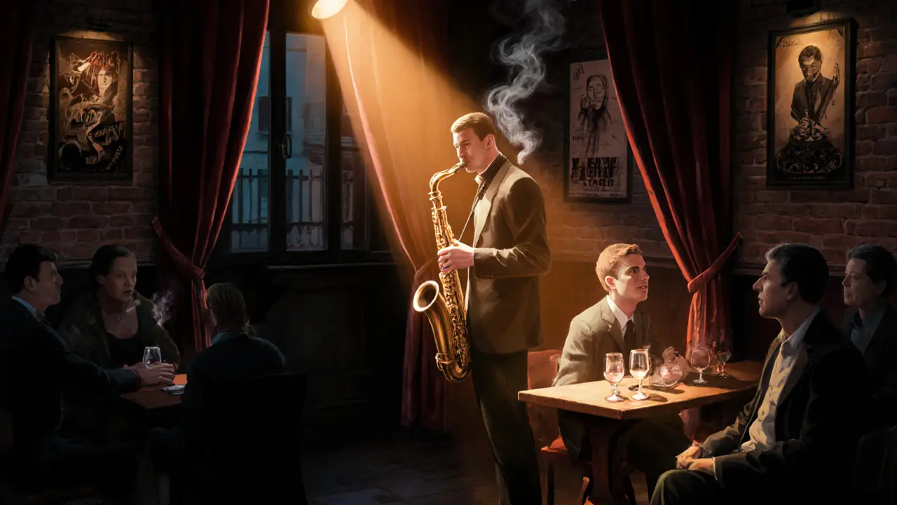 Intimate jazz lounge in Brera with a saxophonist performing under soft amber light.