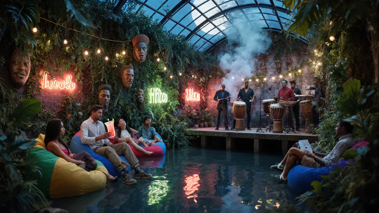 Jungle-themed bar by the canal with string lights and exotic decor at night.