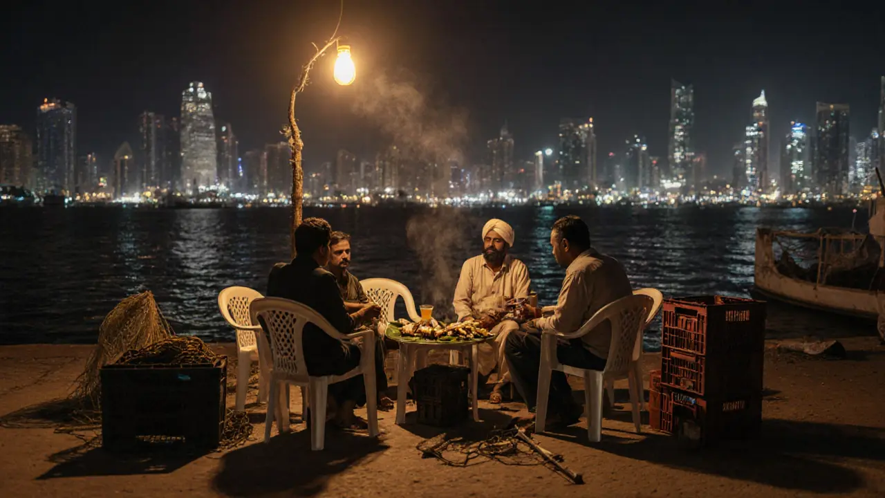 Locals and a traveler sharing grilled fish and tea under a yellow light by the fish market docks at night.
