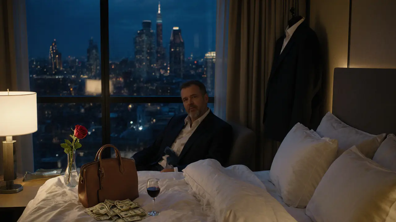 Luxury hotel room with cash, wine, and a wilting rose, hinting at a paid companionship ending.