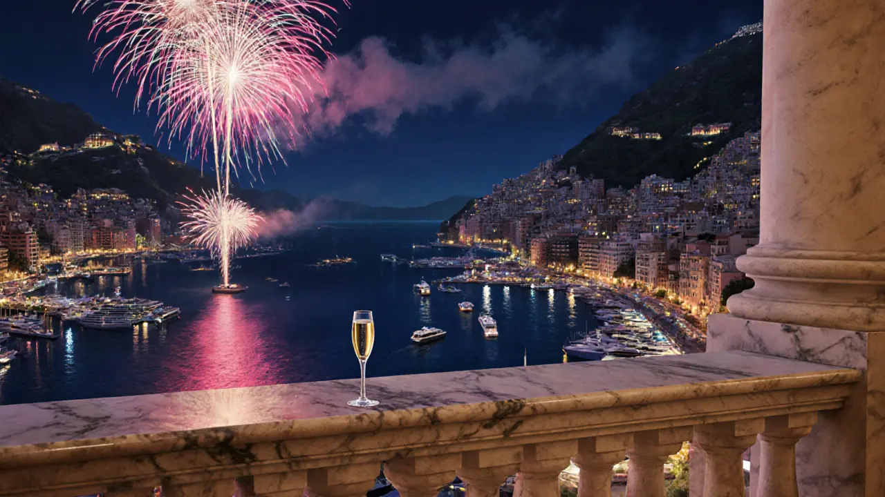 Monaco Grand Prix fireworks over the harbor from the Prince&#039;s Palace balcony at night.