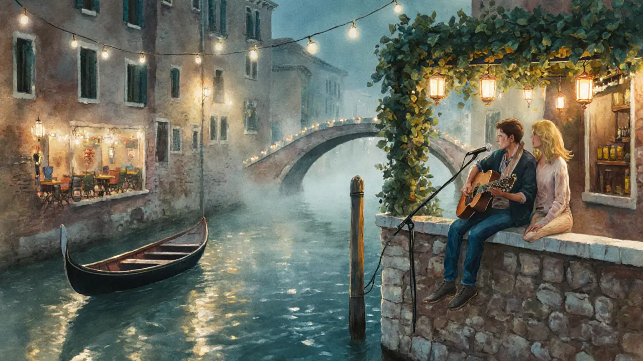 Navigli canal glowing with lanterns and live music drifting from riverside bars.