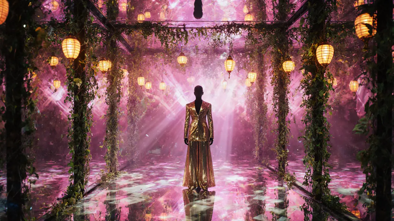 Neon-lit mirrored nightclub with floating lanterns and abstract glowing shadows.