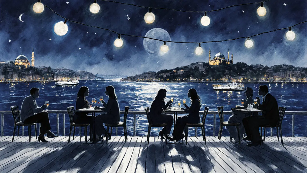 People enjoying drinks on Reina&#039;s rooftop deck with the Bosphorus and city lights in the background.