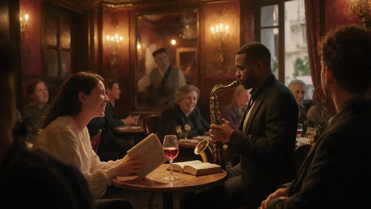 People laugh and share wine in a warm jazz club, music and conversation filling the cozy space.