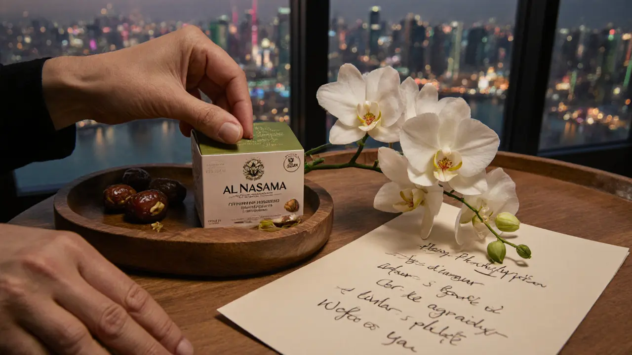 Pistachio dates and white orchids on a tray with a handwritten Spotify note, Dubai skyline in background.
