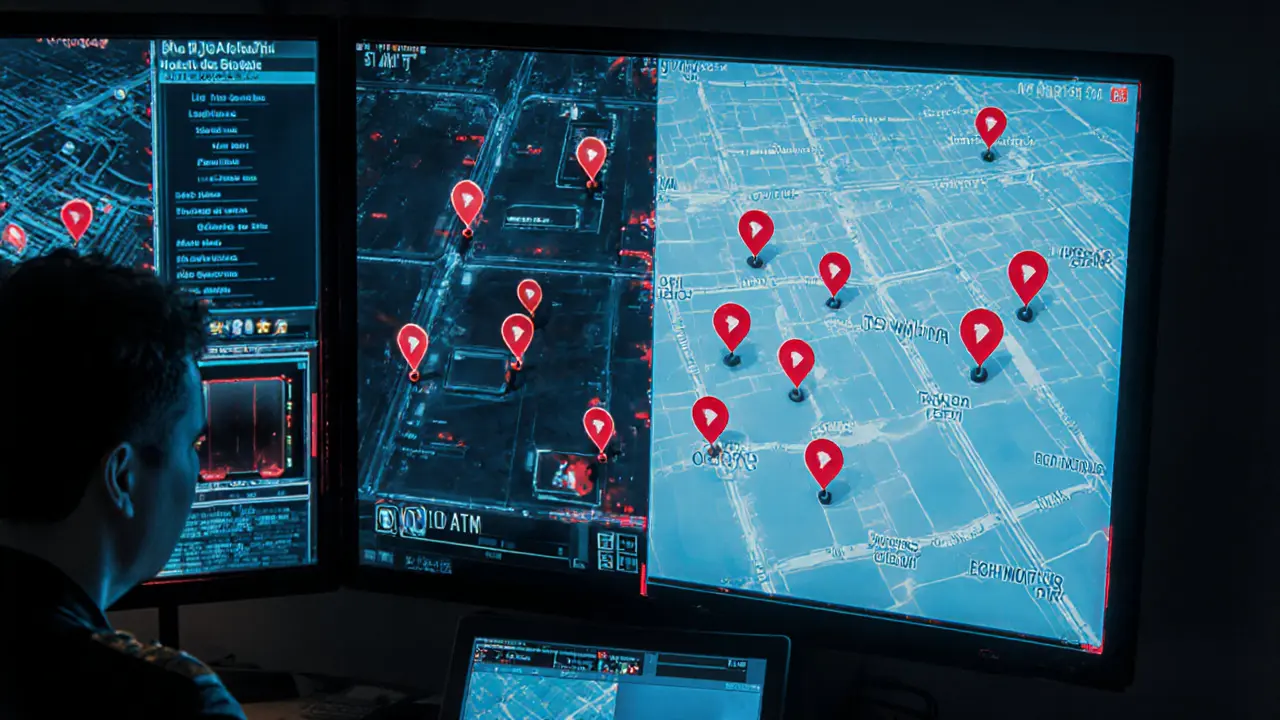 Police surveillance monitor displaying digital tracking of locations and payments in a high-tech control room.
