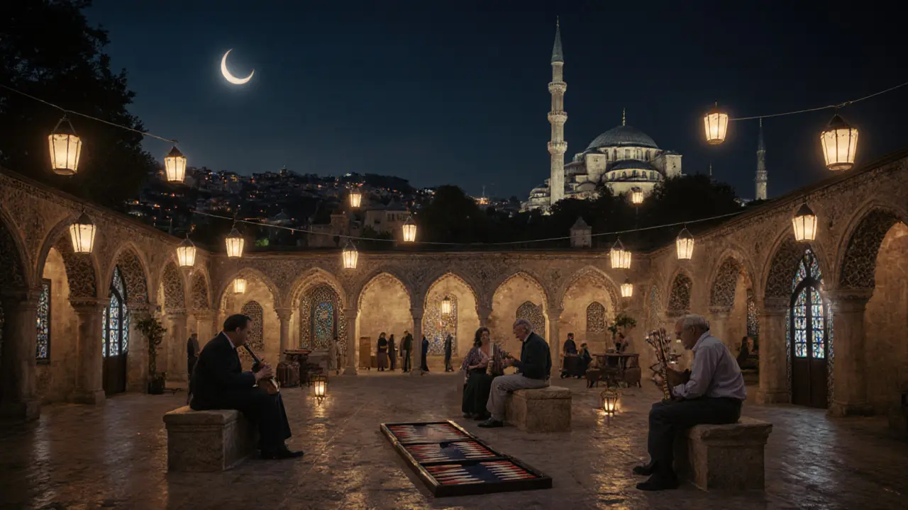Quiet courtyard at midnight with lanterns, backgammon players, and an oud musician under floating city lights.