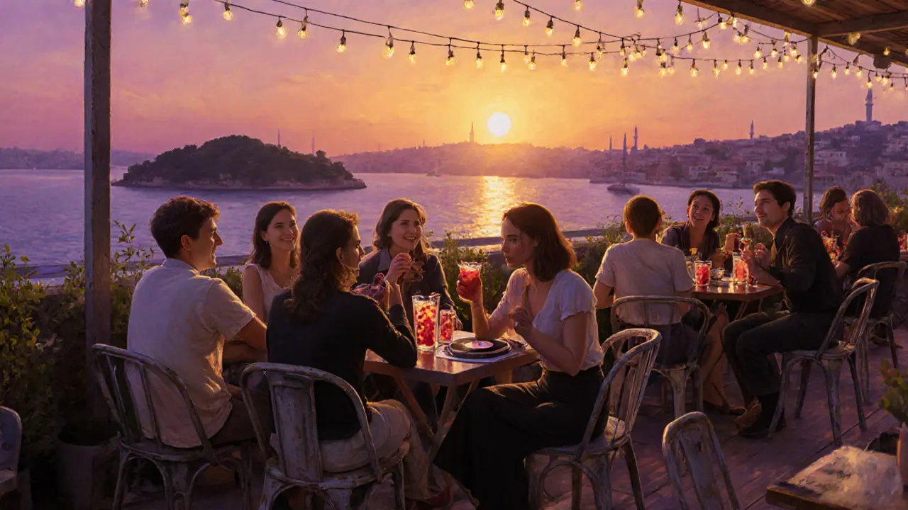 Rooftop bar in Kadıköy at sunset with fairy lights, guests enjoying cocktails, Bosphorus glowing behind.