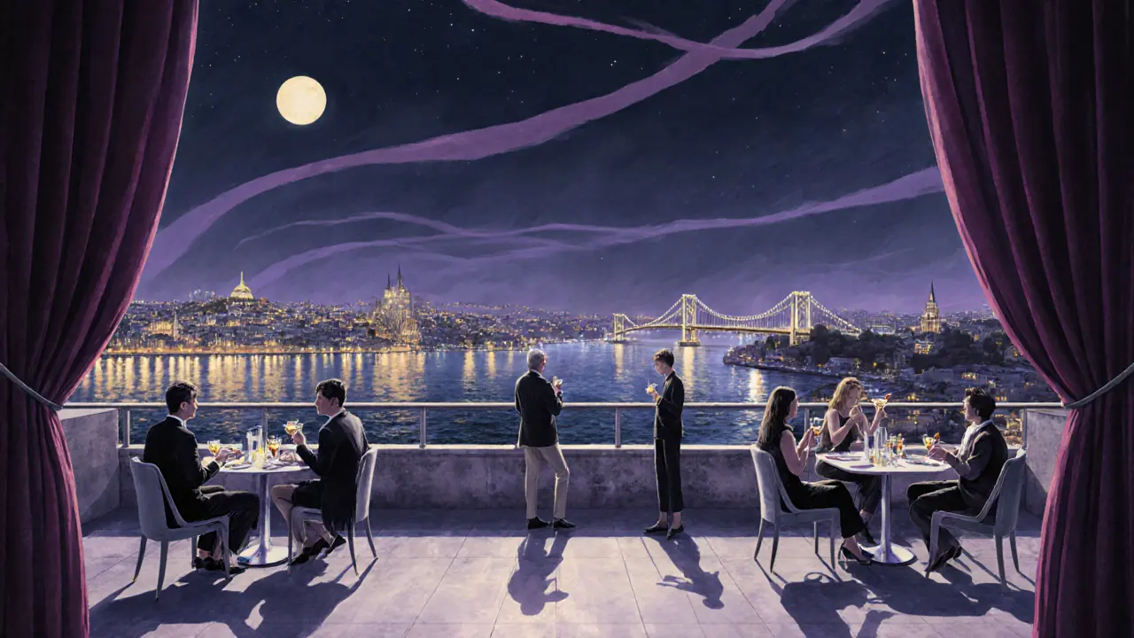 Rooftop bar with panoramic view of Istanbul at night, patrons sipping cocktails under moonlight.