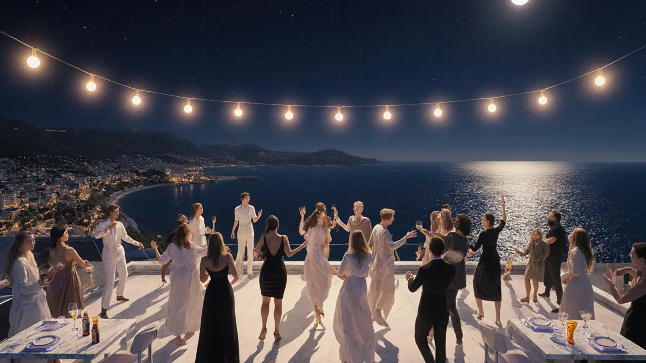 Rooftop club Rockafeller at midnight with views of the Mediterranean, guests dancing under string lights.