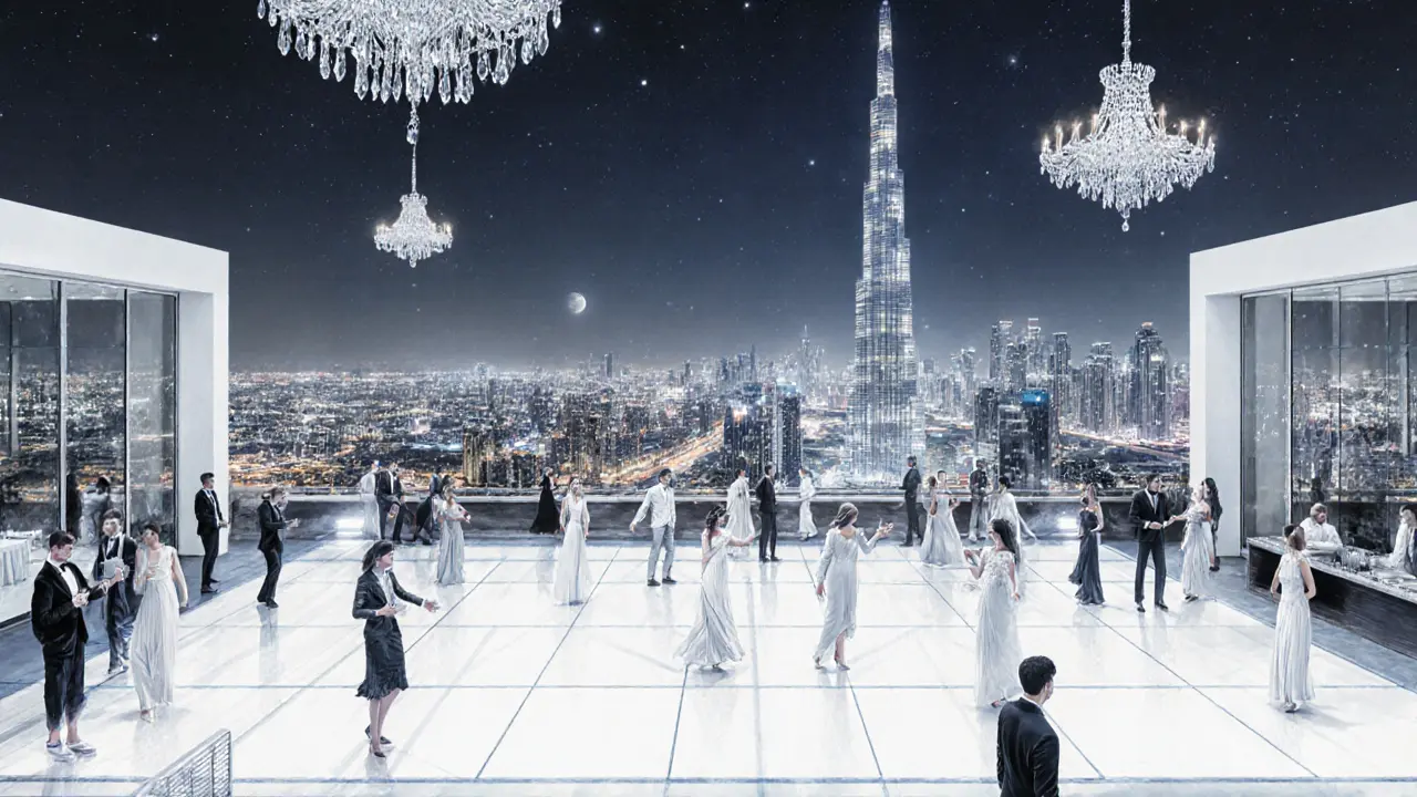 Rooftop party at White Dubai with skyline views and elegant guests on a glass dance floor.