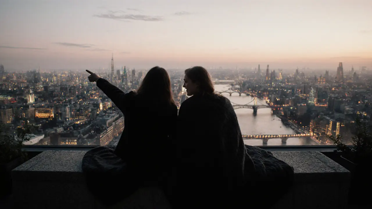 Silhouettes on a London rooftop at twilight, sharing a blanket with the city skyline behind them.