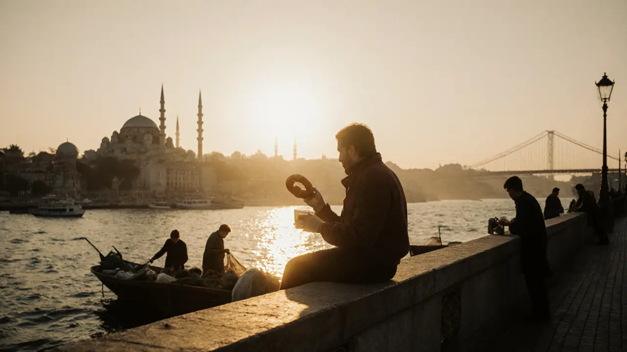 Sunrise at Galata Bridge with a traveler enjoying simit and tea as morning light touches the Bosphorus.