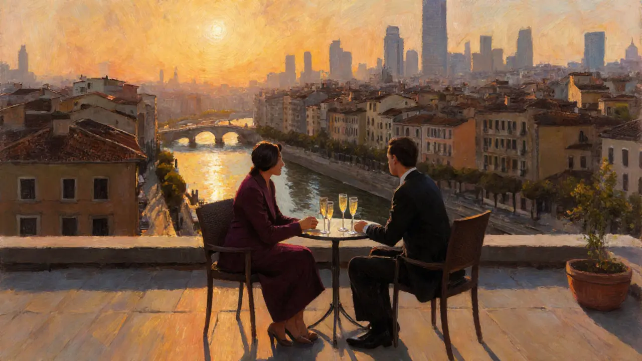 Sunset on a Milan rooftop with two people enjoying drinks overlooking modern skyscrapers.