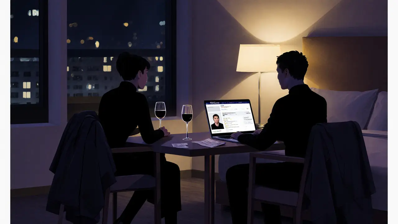Two people in a Berlin hotel room, seated across from each other with wine and a laptop showing a verified profile.