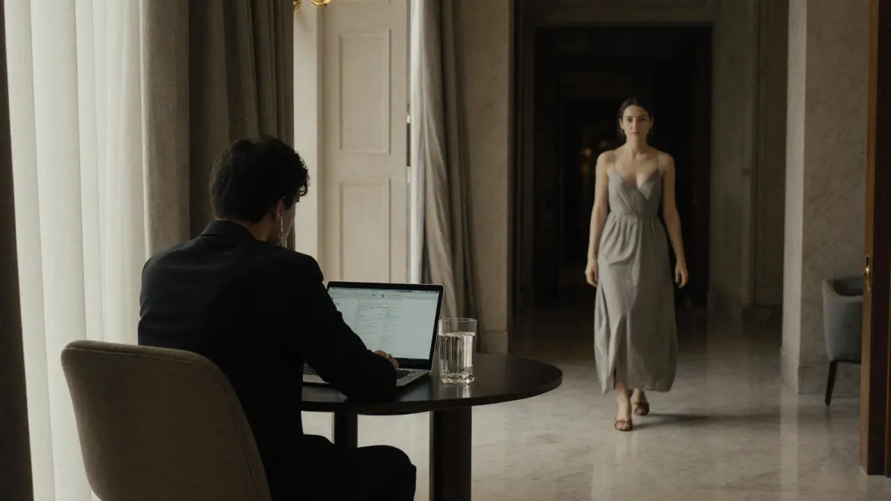 Two people meeting cautiously in a hotel lobby, one sitting at a table, the other approaching, no faces visible.