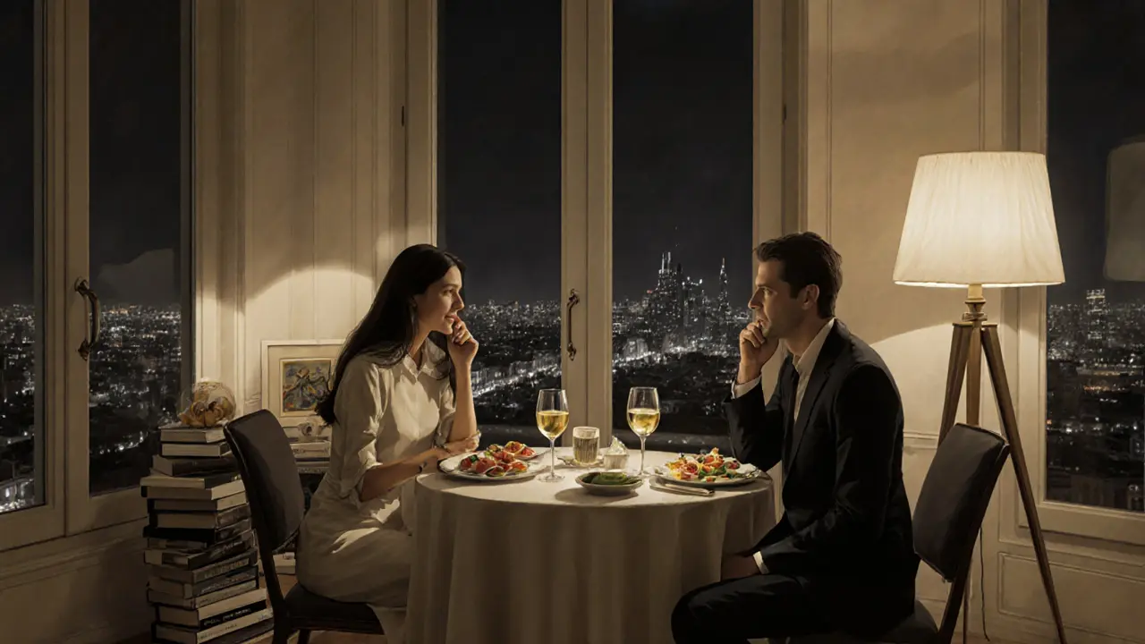 Two people share a quiet evening in a luxurious Milan apartment, talking over wine with art and city lights visible through the windows.