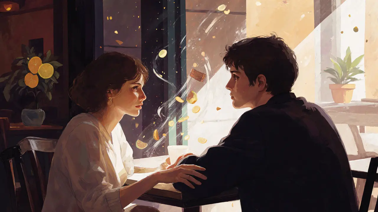 Two people share a quiet moment at a café, one gently touching the other’s arm, conveying deep emotional connection.