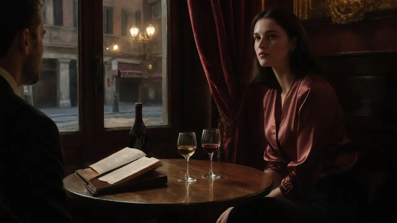 Two people share a quiet moment over wine and art in a dimly lit Brera lounge.