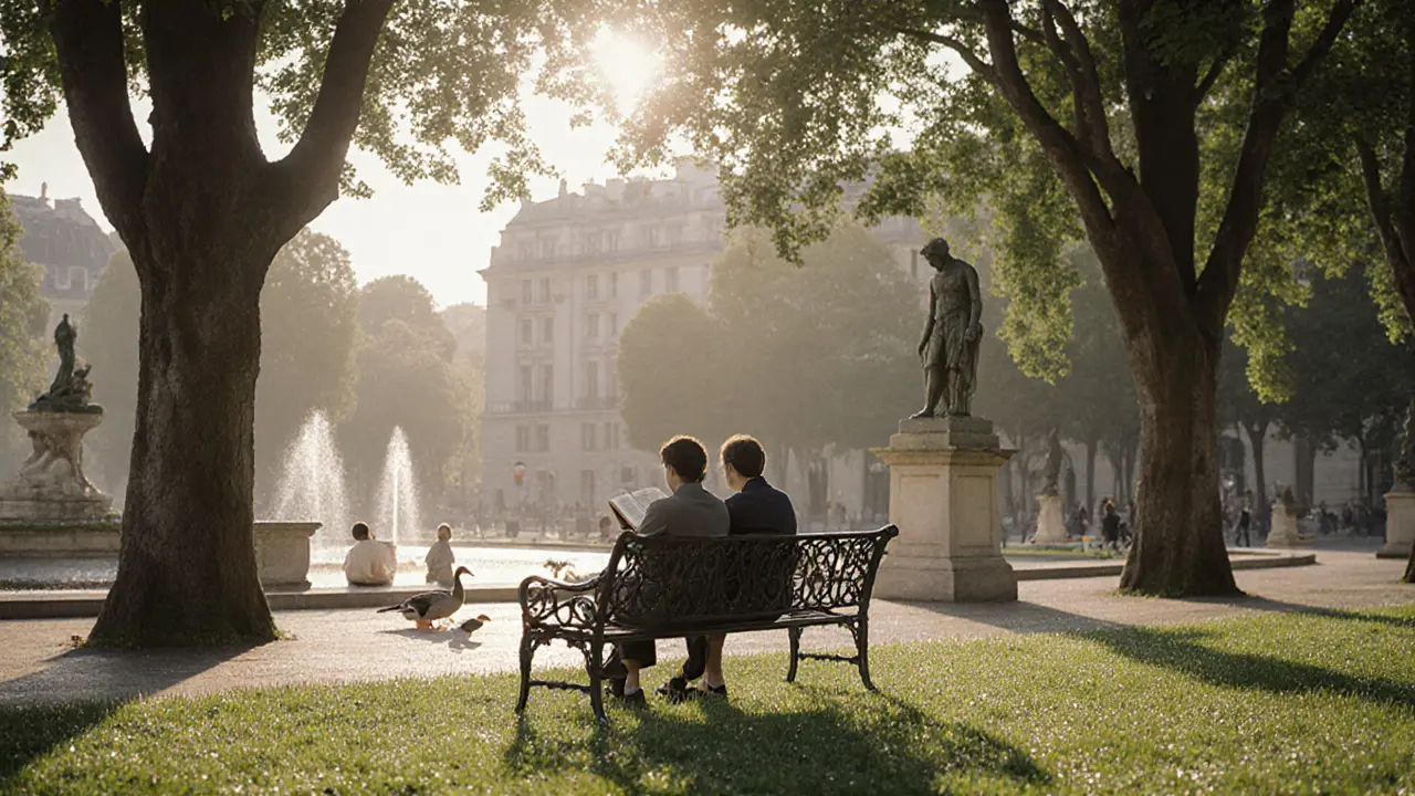 Two people sit peacefully on a bench in Luxembourg Gardens at dawn, watching ducks by a fountain under soft morning light.
