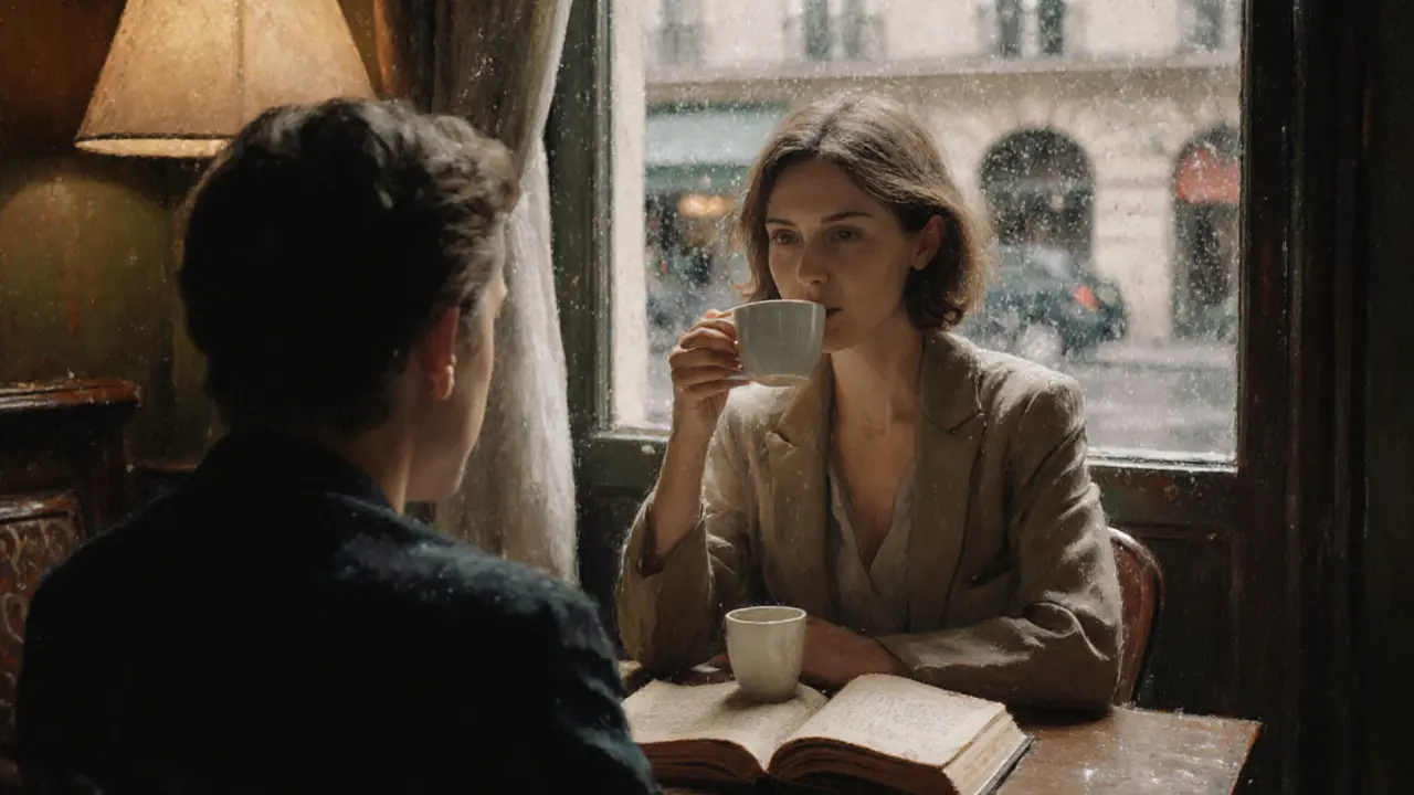 Two people sit silently in a cozy Parisian café, sharing coffee and a book under soft lamplight.