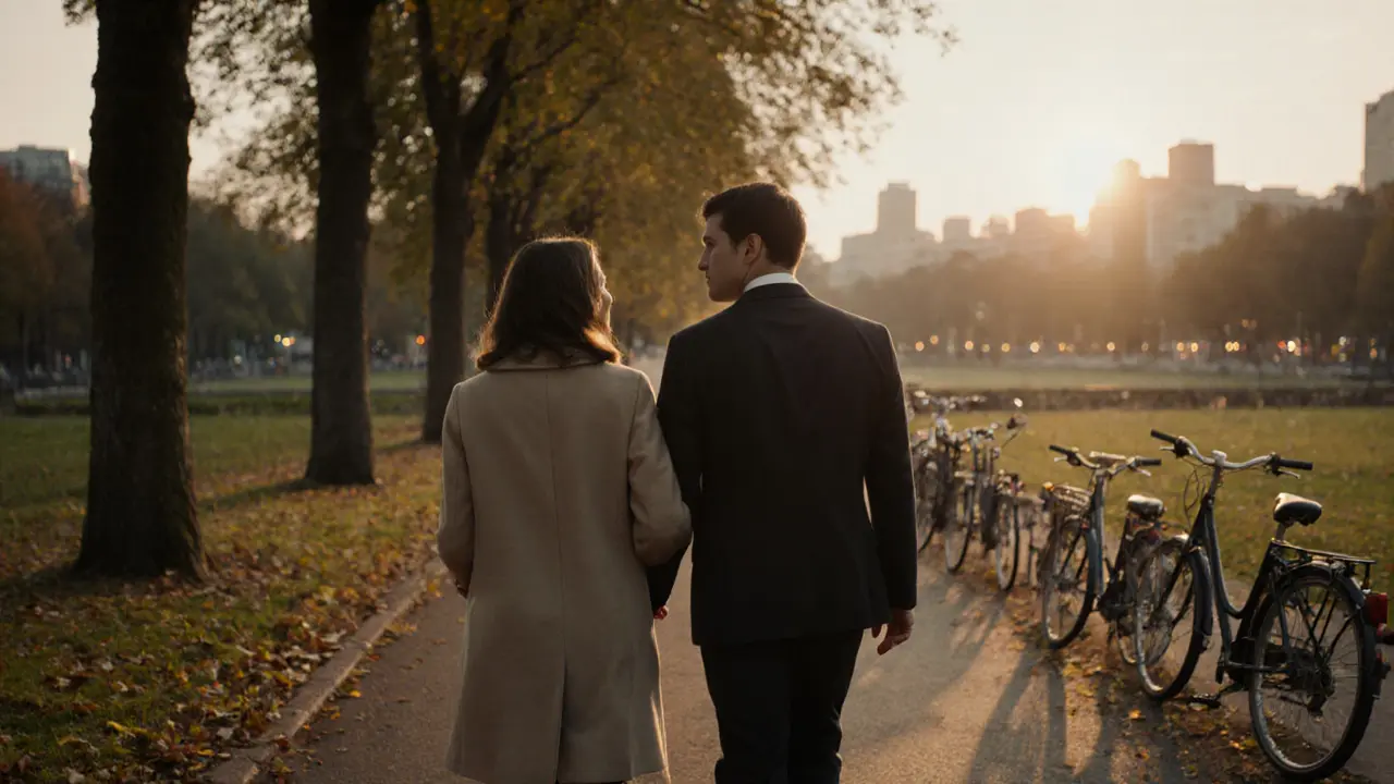 Two people walk peacefully through Tiergarten at sunset, engaged in quiet, meaningful conversation.