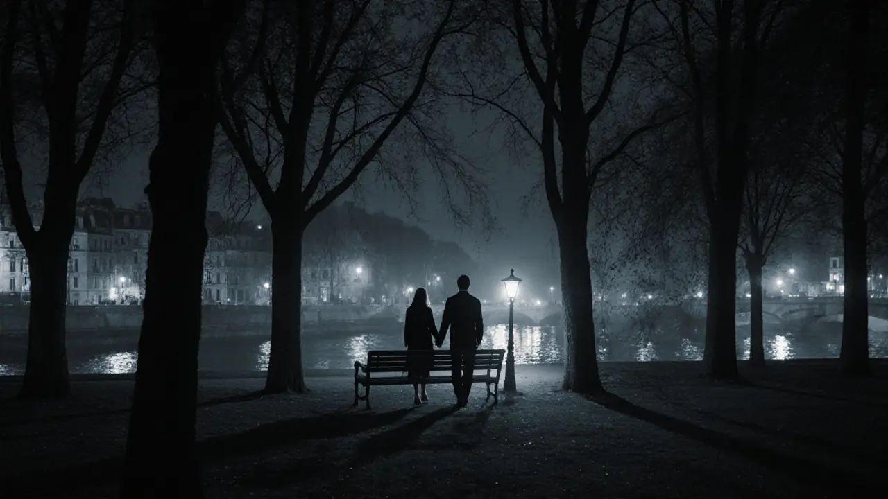 Two people walking peacefully along a lantern-lit bench in Luxembourg Gardens at midnight.