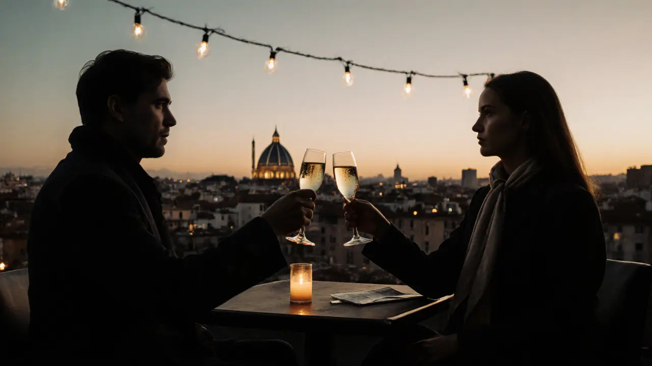 Two silhouettes toast champagne on a hidden Milan rooftop as the Duomo glows behind them at sunset.