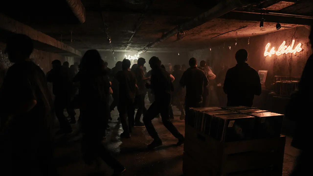 Underground club La Scala at night, crowded with dancers in dark, moody lighting.