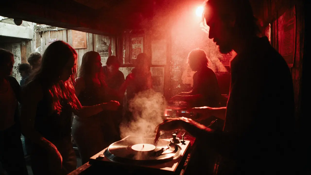 Underground club Le Scimmie with vinyl records and shadowy dancers in dim red light.