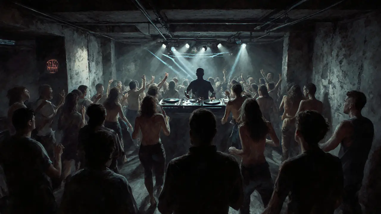 Underground electronic music scene at Zero Gravity with dim lighting and energetic crowd.