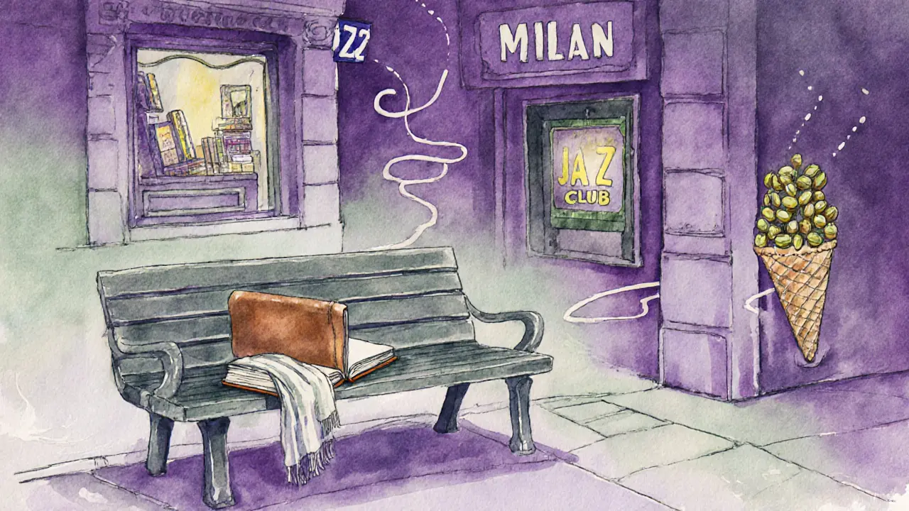 Watercolor scene of Milan’s hidden details: notebook, scarf, gelato, and jazz sign.