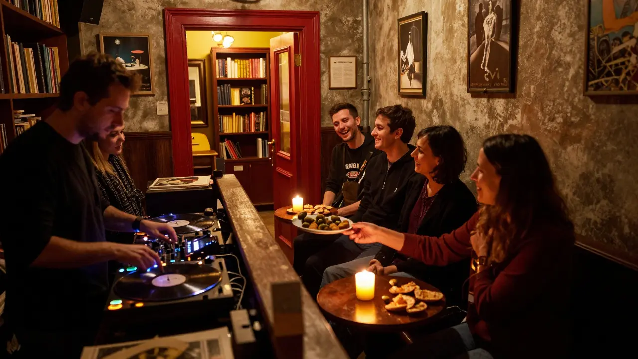 A candlelit basement bar under a bookstore, strangers sharing snacks in the quiet heart of Milan's night.