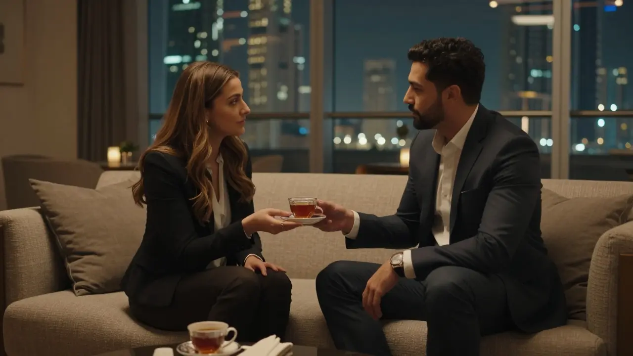 A companion and client share quiet conversation in a luxurious Dubai apartment lounge.