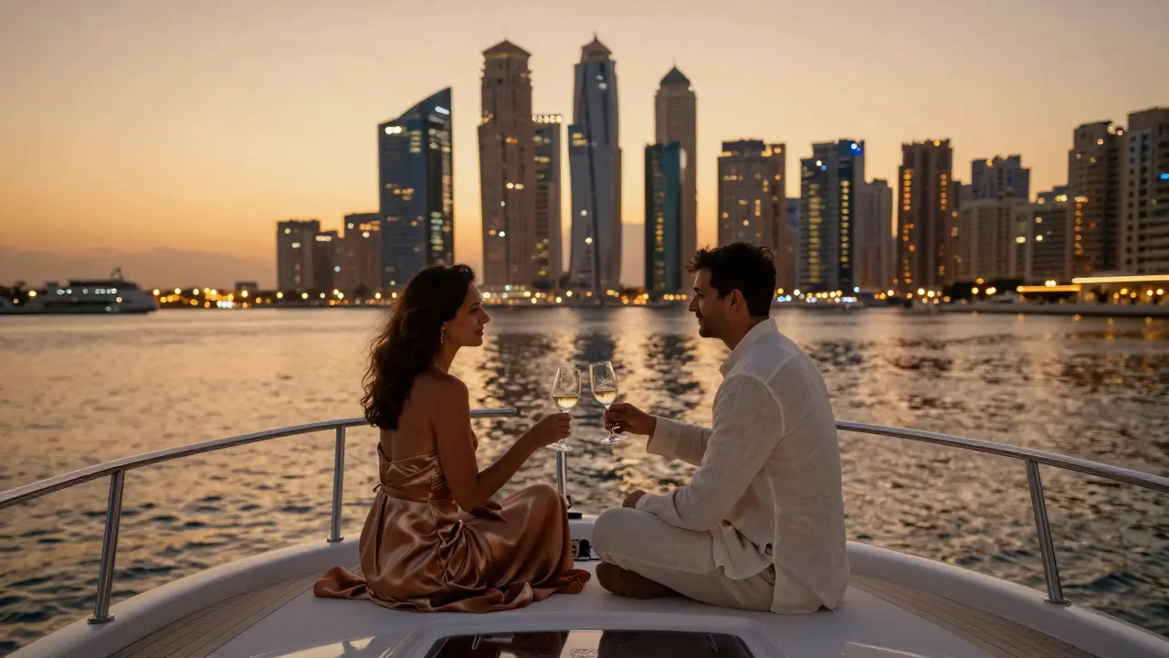 A couple enjoying sunset wine on a private yacht along Dubai Marina with city lights in the distance.