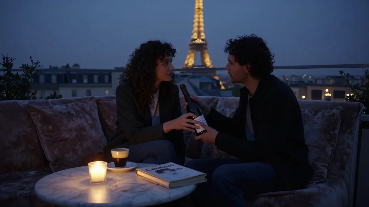 A couple on a rooftop terrace at twilight, sharing wine and a book, the Eiffel Tower visible in the distance.