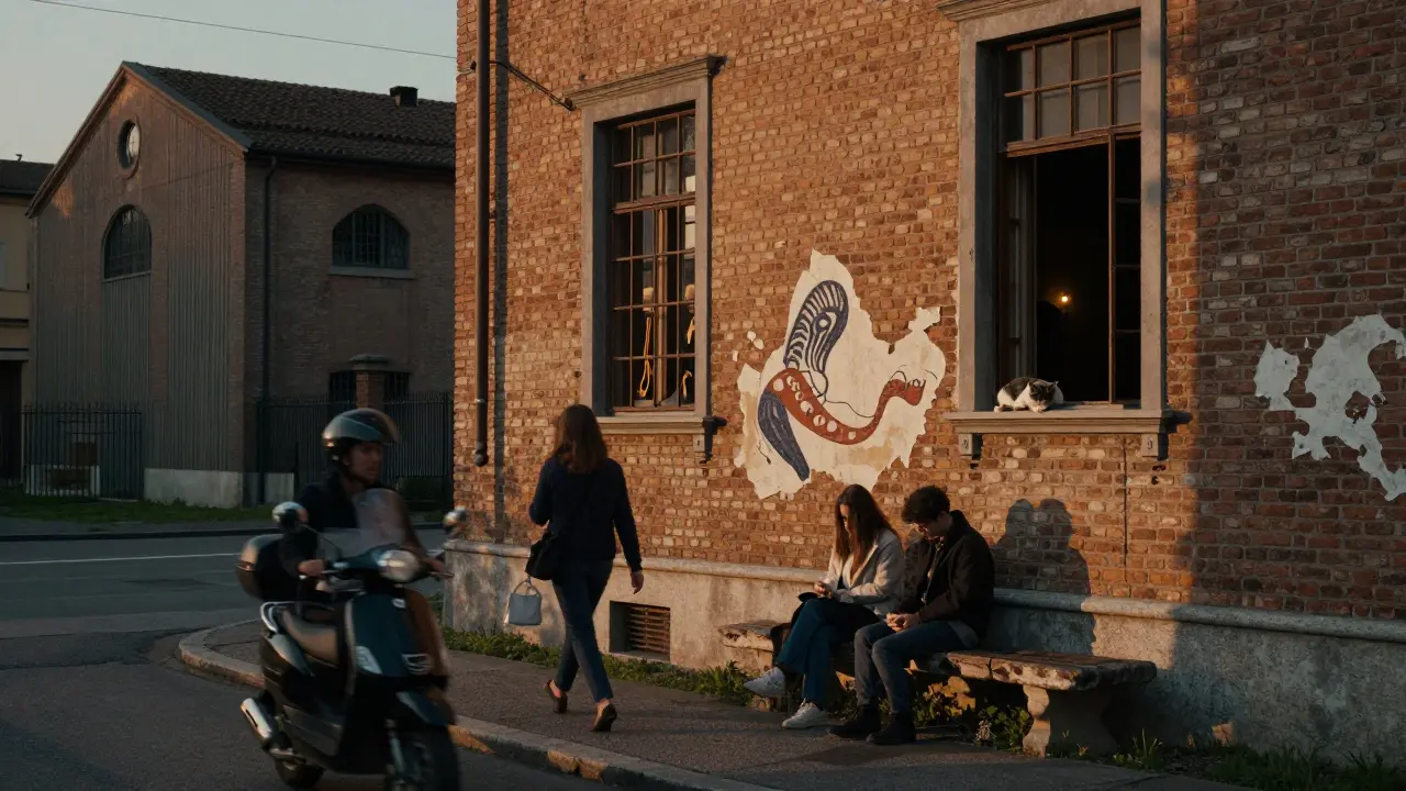 A couple sitting on a bench at sunset near old textile mills as Milan hums softly around them.