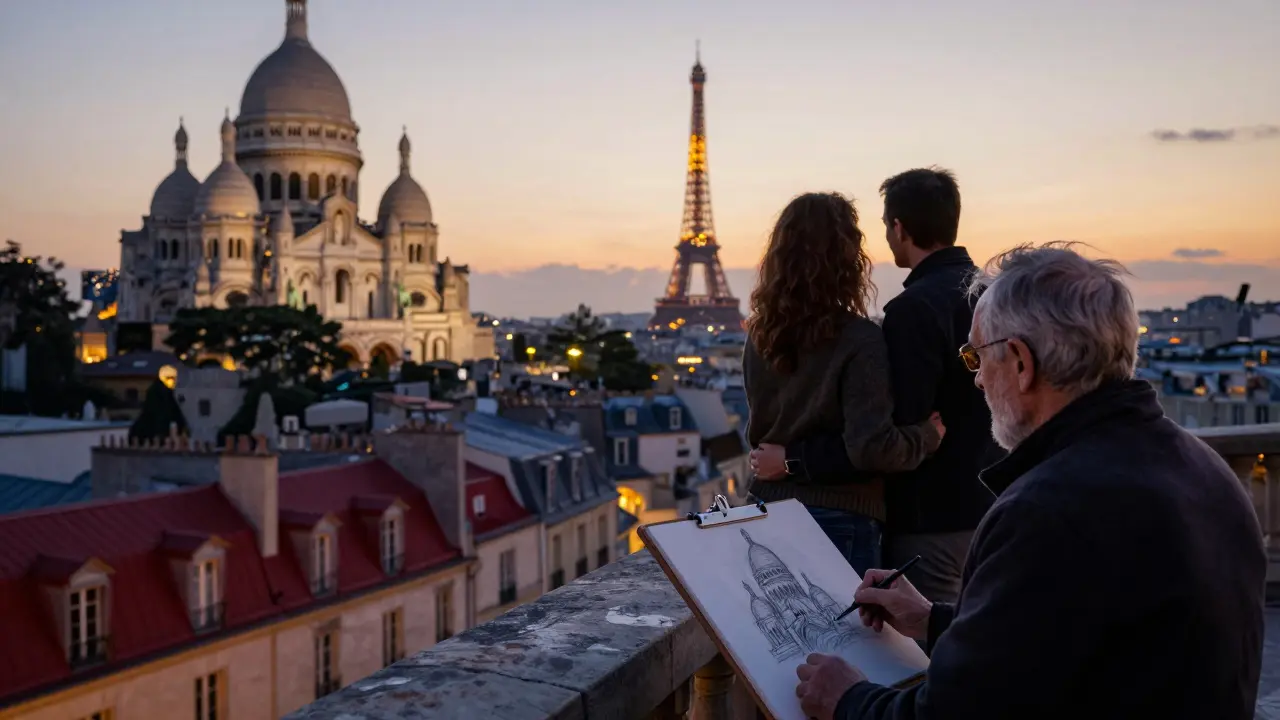 A couple stands on Sacré-Cœur’s terrace at dusk, silhouetted against Paris’s glowing skyline as an artist sketches them in silence.