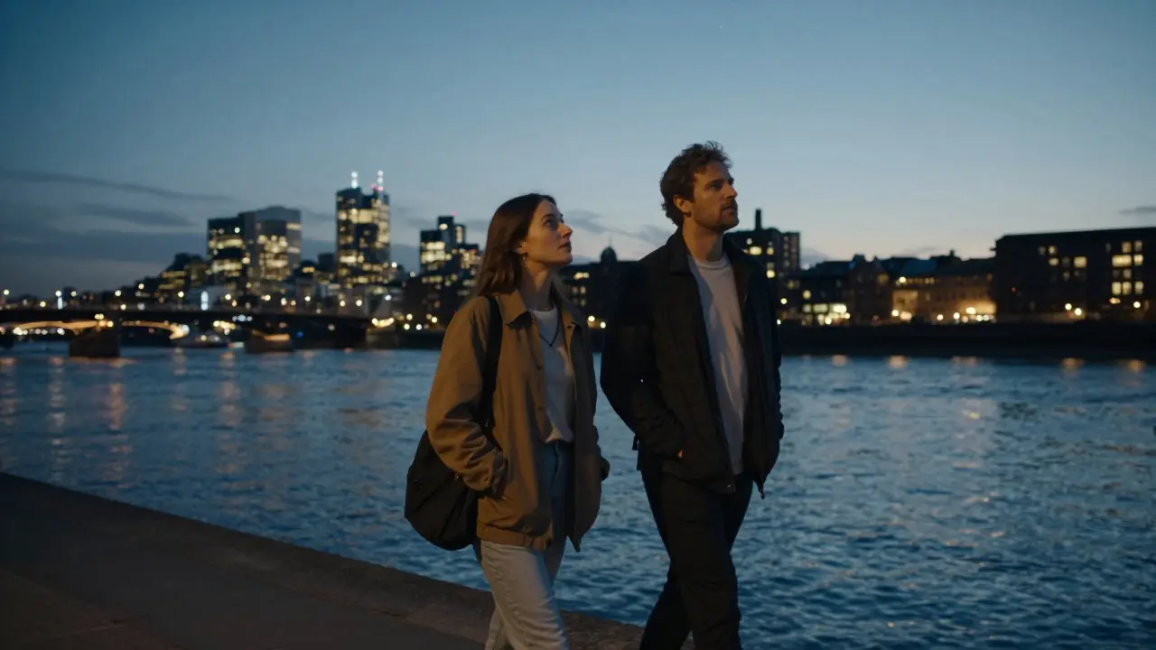 A couple walking along the Thames at night, sharing silence under city lights, her hand in his jacket pocket.