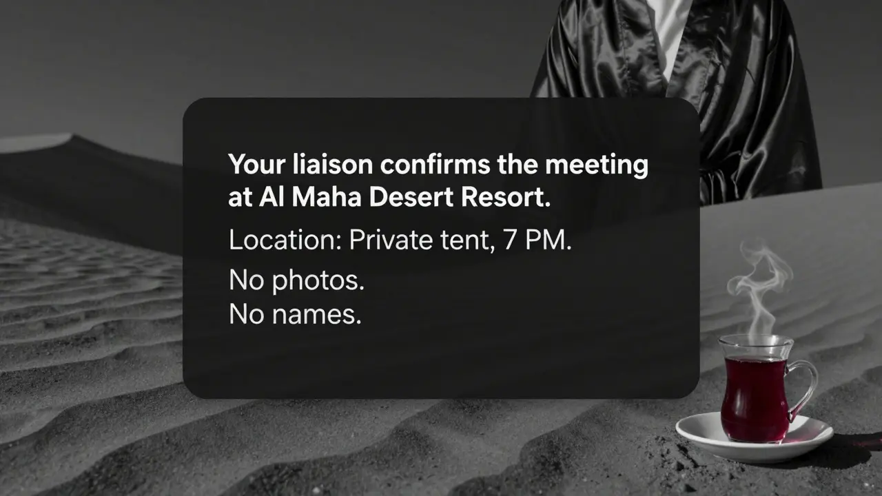 A dark screen displaying a discreet encrypted message about a private desert meeting in Dubai.