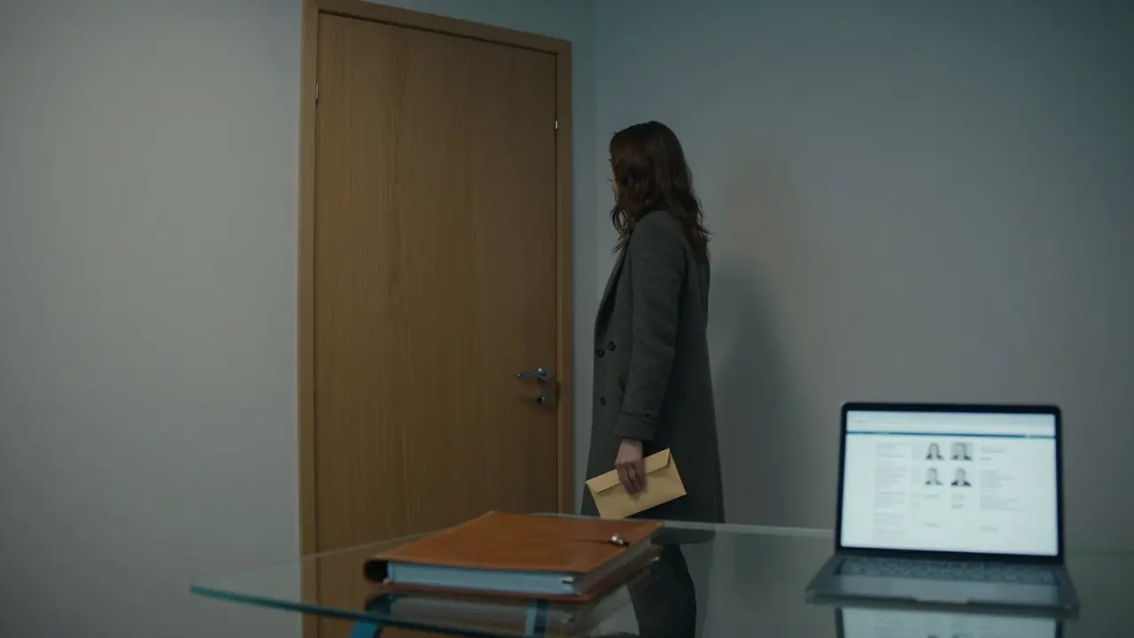 A discreet agency office in Berlin with text-only client profiles on a desk.