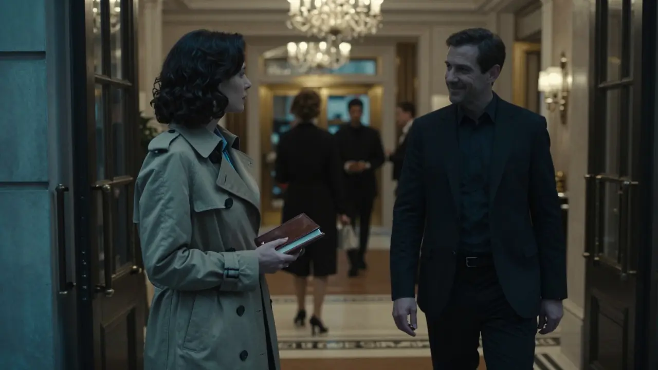 A discreet meeting in a luxury hotel lobby, a woman waits as a man approaches with quiet anticipation.