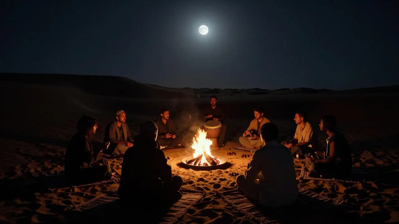 A full moon night in the desert, with people gathered around a fire pit, listening to traditional drum music under the stars.