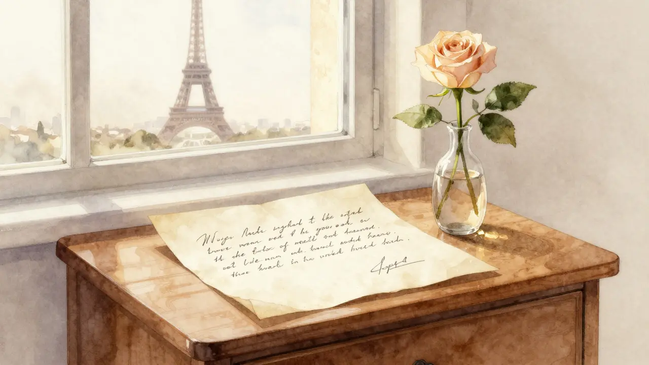 A handwritten letter lies beside a rose on a nightstand, the Eiffel Tower faintly visible through the window.