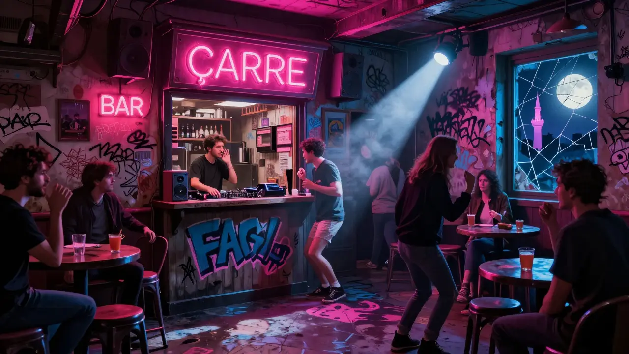 A hidden underground bar filled with graffiti, dancing crowds, and neon lights under a minaret silhouette.